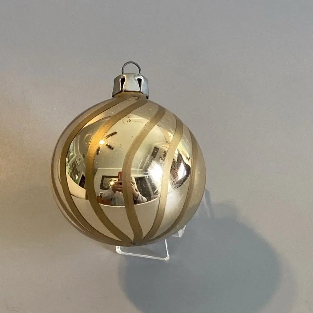 Vintage Hand-Blown Glass Christmas Ball Ornament Gold Swirl Lines 6.5” Around